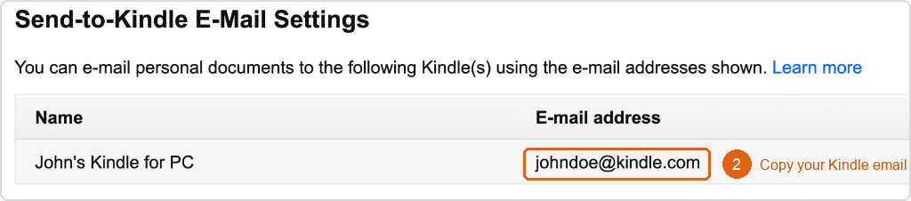 Amazon Send-to-Kindle Email Settings Screenshot